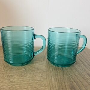 Vintage Arcoroc France Teal Green/Blue Ribbed Glass Mugs Cups Set of 2